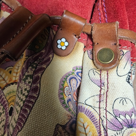 Lucky Brand Cinch Tie Backpack Bag Paisley Canvas Suede Leather 16 X 14 - Picture 4 of 9